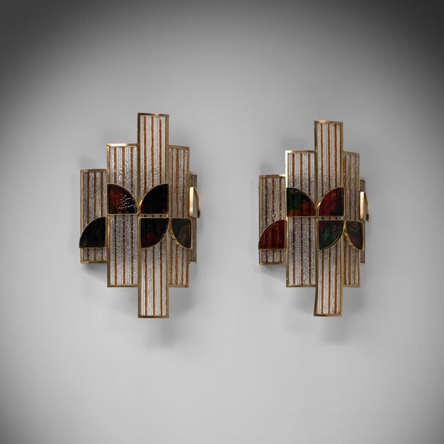 Colored Glass and Brass Wall Lamp attributed to Albano Poli, Italy, 1960s, Set of 2 For Sale - Image 3 of 9