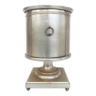 Late 20th Century Vintage Silver and Gold Leaf Pedestal Side Table With One Door and Open Storage For Sale