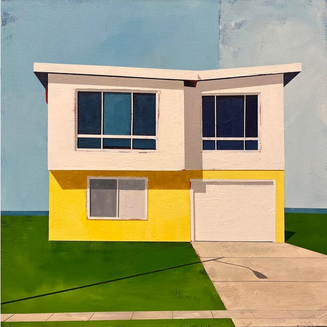 Smell the Sea by Justin Wheatley | Acrylic on Canvas of a modern yellow house with windows For Sale