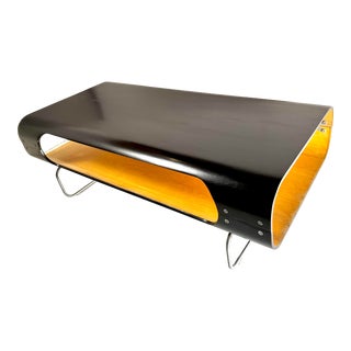 1960’s Mid Century Modern Cocktail Table Curved Birchwood With Dark Caviar Exterior For Sale