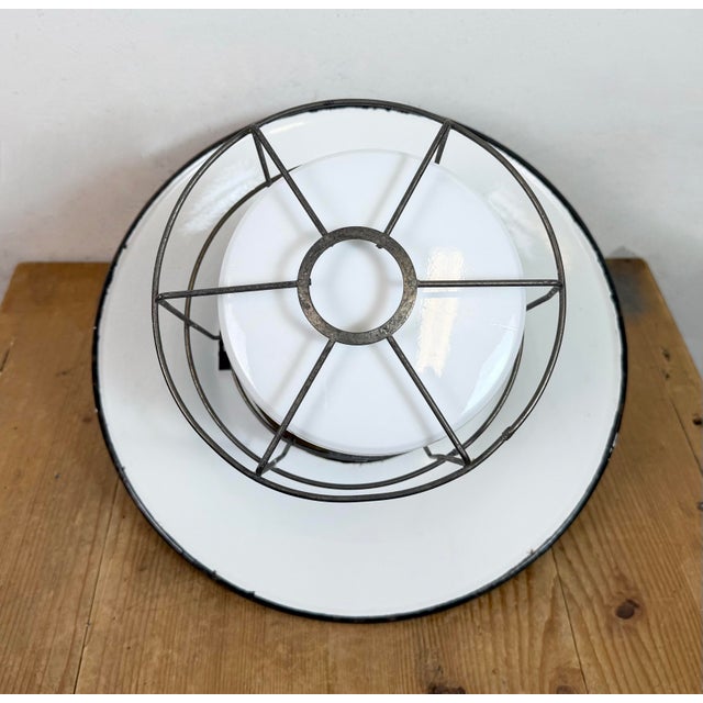 Industrial Grey Enamel, Glass, and Iron Cage Pendant Lamp from Elektrosvit, 1960s For Sale - Image 10 of 16