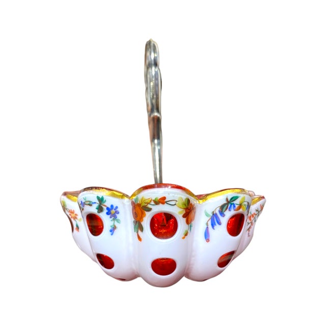 Antique Viennese Biedermeier Ruby Opaline Glass Bonbon Dish With Gilt Floral Enamel Decoration & Silver Handle, c.1830 For Sale - Image 10 of 16