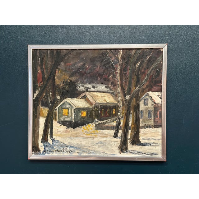 M. L. Jacobson, Winter Landscape with House, 1950s, Oil Painting on Panel, Framed For Sale - Image 11 of 11