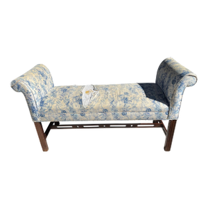 Vintage Scroll Arm Upholstered Wood Bench