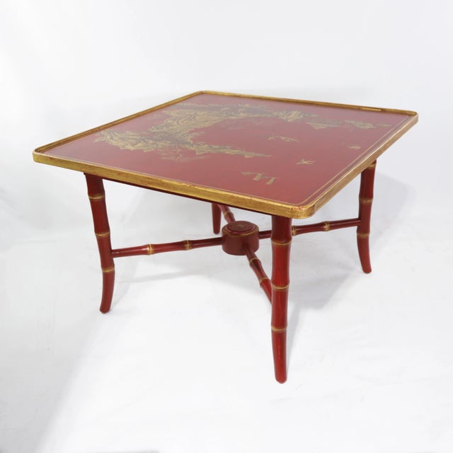 Pair of Vintage Chinoiserie Red Lacquer Side Tables With Faux Bamboo Legs For Sale - Image 10 of 18