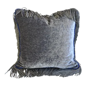 French Steel-Blue Velvet Silk Fringed Feather/Down Pillow 23” Square
