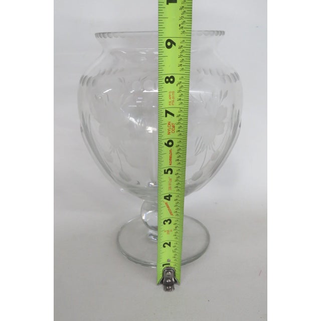 Neoclassical Italian Style Glass Pedestal Urn Vase Etched Floral Motif 5111b For Sale - Image 10 of 12