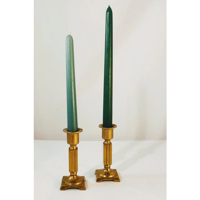 Traditional Mid-Century Solid Brass Squared Candlesticks a Pair For Sale - Image 3 of 4