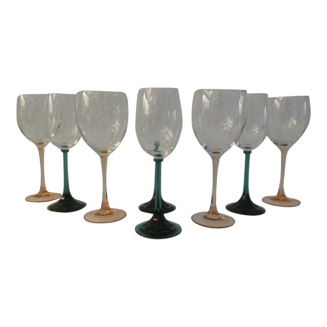 1980s Pink & Loden Green Stemmed Crystal Wine Glasses, Set of 8 For Sale