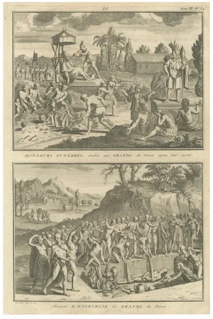 Funeral Rites and Burial of Inca Nobles, Engraving of Peruvian Customa, 1734, Print