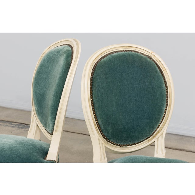 Wood Antique French Louis XVI Style Painted Dining Chairs in Teal Mohair - Set of 8 For Sale - Image 7 of 18