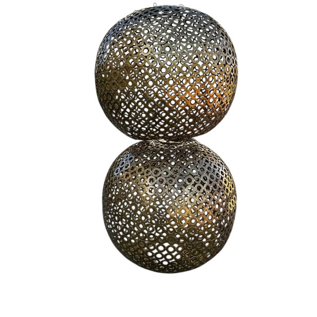 Metal Gold-Tone Metal Spheres, 15” Decorative Pair for Hanging or Stacking For Sale - Image 7 of 11