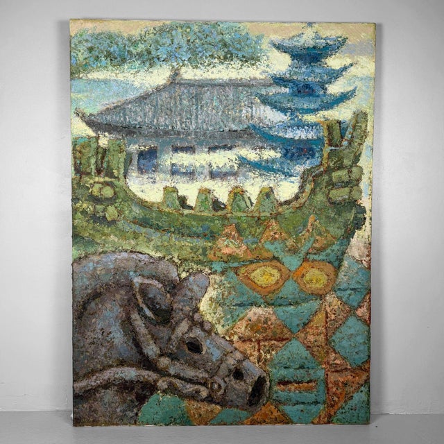 Takahashi, Haniwa Horse & Pagoda, 1980s, Oil on Canvas For Sale - Image 11 of 11