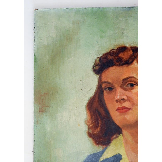 Vintage 1943 Portrait Red Haired Woman in Blue Suit Painting For Sale In Seattle - Image 6 of 8