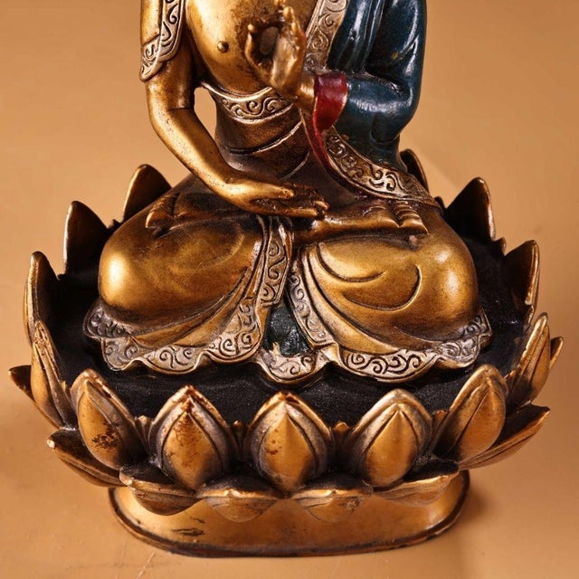 Vintage Gilt Bronze Shakyamuni Buddha Statue on Lotus Base - Asian Sculpture For Sale - Image 4 of 9