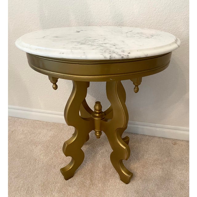 Late 20th Century Victorian Style Oval Marble Top Gold Color Accent Table Vintage Excellent Condition For Sale - Image 5 of 10