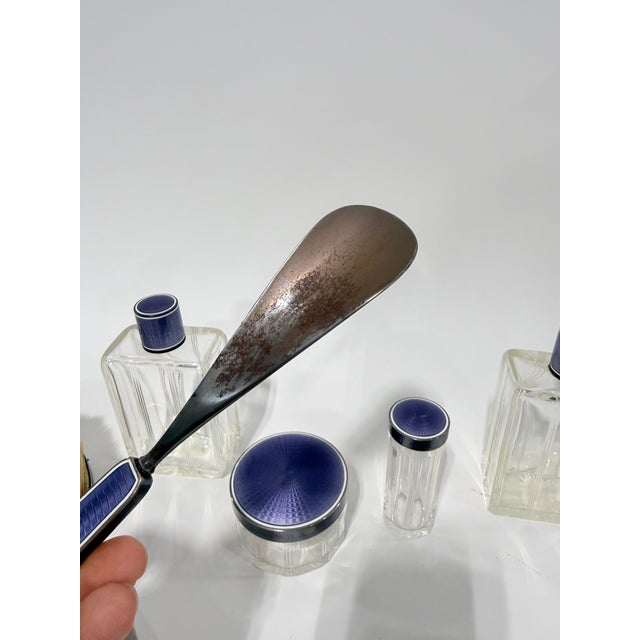 French Workshop, French Sterling Guilloché Enamel 8 Pc Vanity Set, Circa 1920 For Sale In Providence - Image 6 of 12