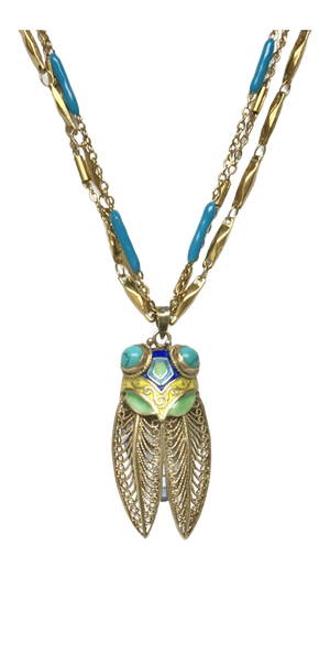 Vintage Enameled Cicada Perfume Holder Pendant With Necklace