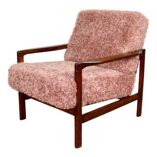 Vintage Wooden Armchair in Pink Long Hair Upholstery from Z. Bączyk, 1970s For Sale