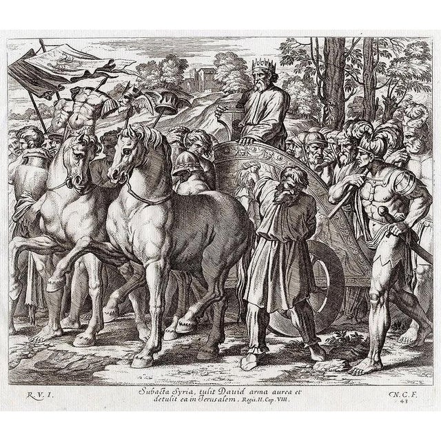 Raphael (Italian, 1483-1520). David brings the gold shield to Jerusalem. Antique 1649 engraving on laid paper after the...