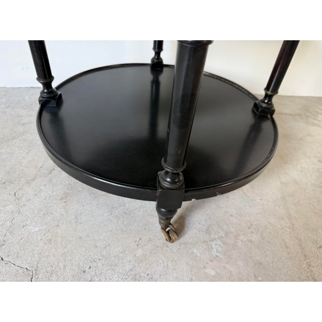 1960s Hollywood Regency Black Ebonized Three-Tier Side Table on Brass Casters For Sale In Miami - Image 6 of 12