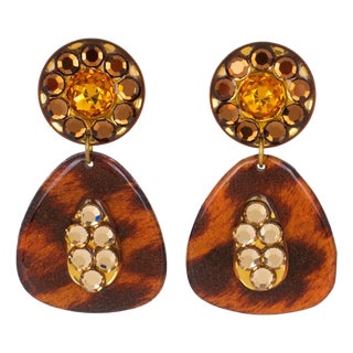 Jeweled Lucite Dangle Clip Earrings with Cheetah Print For Sale