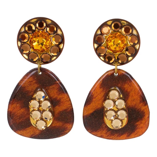 Jeweled Lucite Dangle Clip Earrings with Cheetah Print For Sale
