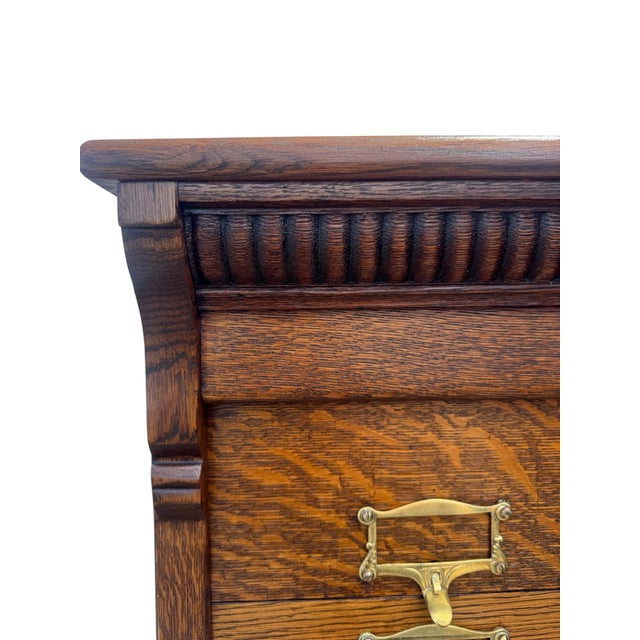 Industrial Antique Quarter-Sawn Vertical File Cabinet Ohmer & Sons 60 Slots For Sale - Image 3 of 12