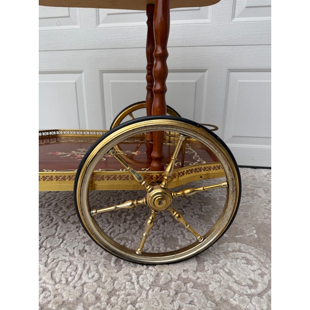 Mid-Century Traditional Wood and Brass Tea Cart With Floral Detail For Sale - Image 10 of 14
