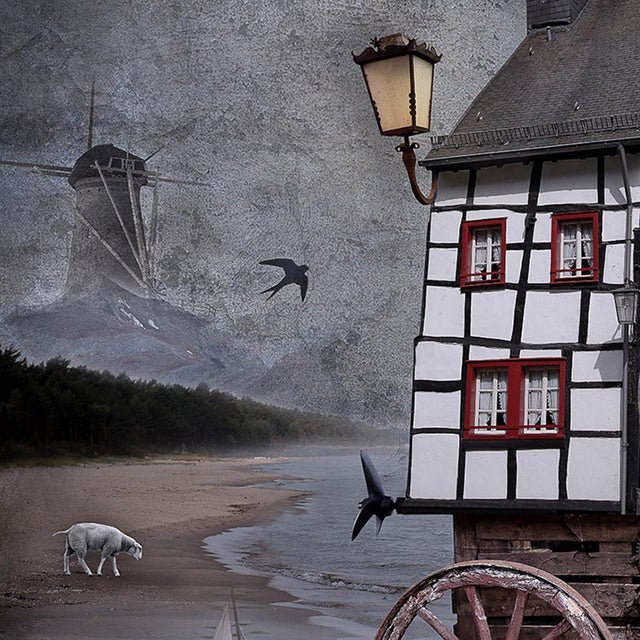 Wanderers presents a surreal tableau where anthropomorphic animals engage in whimsical adventures atop an oversized cow,...