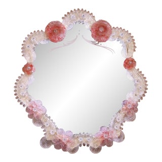 Mid-Century Italian Murano Glass Vanity Mirror With Pink Flowers For Sale