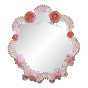 Mid-Century Italian Murano Glass Vanity Mirror With Pink Flowers