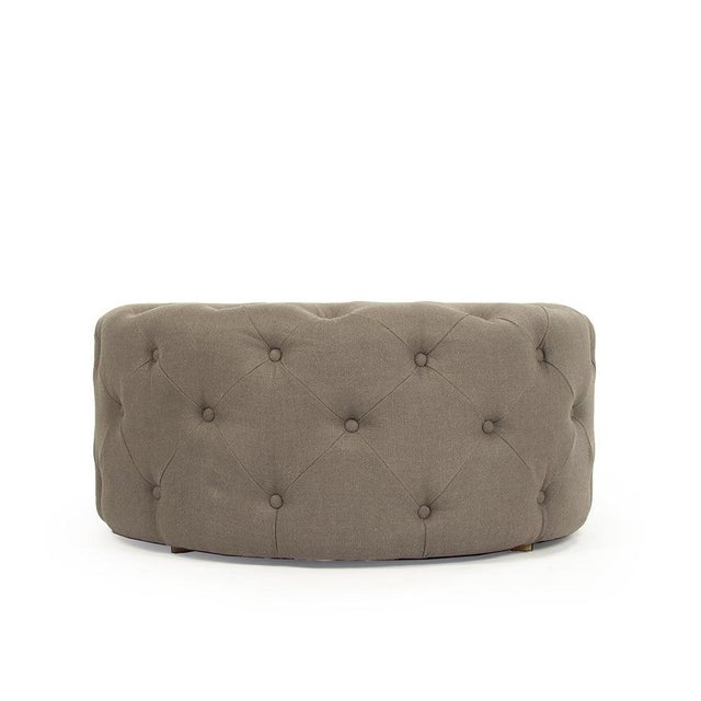French Country Round Tufted Ottoman - Gray Linen For Sale - Image 3 of 3