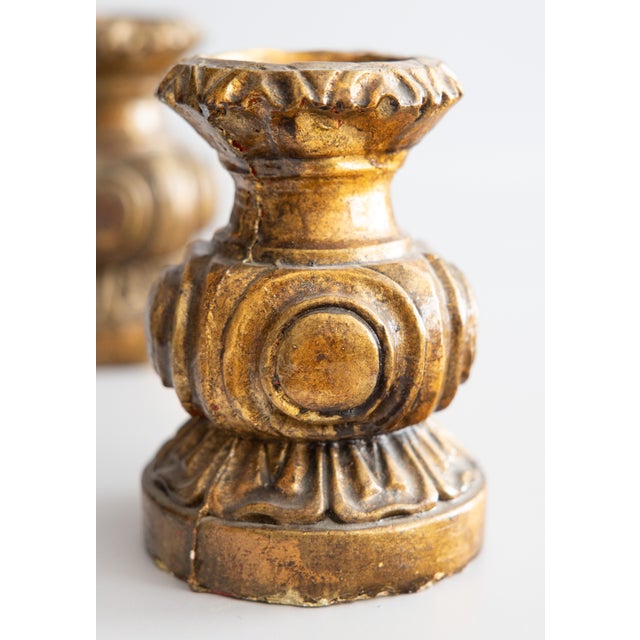 Vintage Italian Gilt Pillar Candle Holders Candlesticks - A Pair For Sale - Image 4 of 7