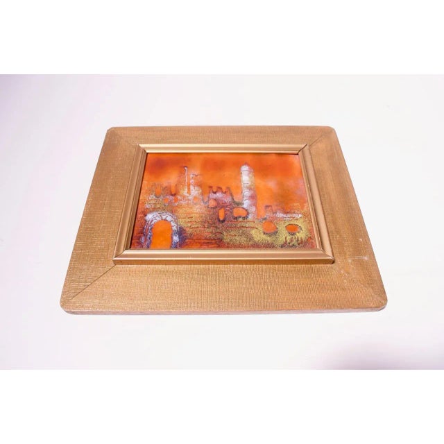 Circa 1960s decorative enamel on copper framed cityscape (likely Israeli, but unsigned). Attractive combination of vivid...
