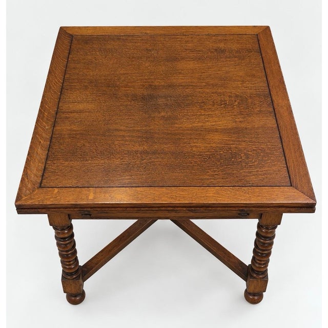 Antique English Jacobean Revival Oak Draw Leaf Mahjong Game Table, C. 1920s For Sale In Chicago - Image 6 of 8