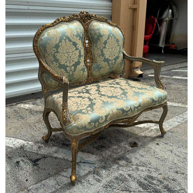 Baroque 1990s Baroque Style Hight-Back Settee Sky Blue Color and Gold Leaf Details For Sale - Image 3 of 9