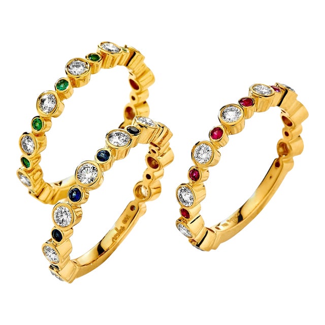 Syna Yellow Gold Bands with Emerald, Ruby, Sapphire and Diamonds, Set of 3 For Sale