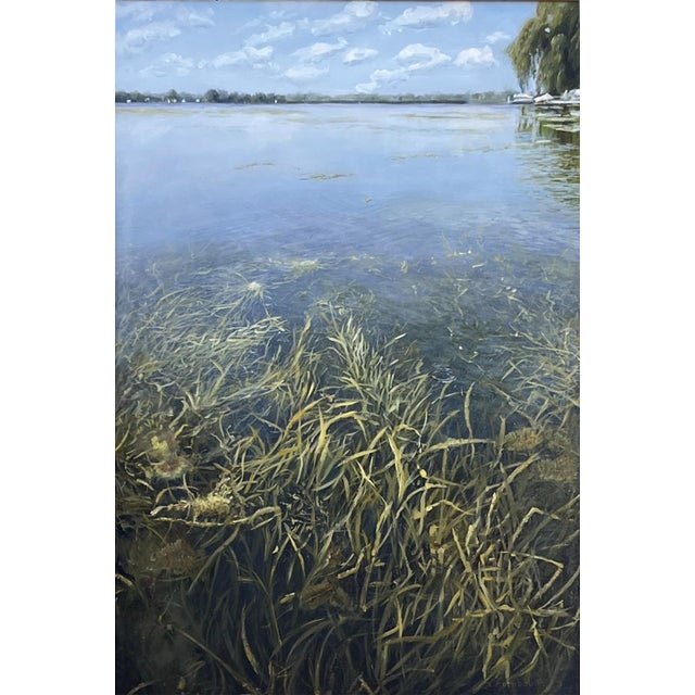 Hidden Garden by Sheri Farabaugh | Oil on Board Painting of underwater grass and water surface For Sale