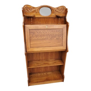 Antique Victorian Golden Oak Drop Front Secretary Desk Bookcase For Sale