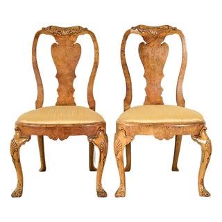 18th Century Antique Thomas Chippendale Period Carved Burl Wood Side Chairs or Dining Chairs, Pair For Sale