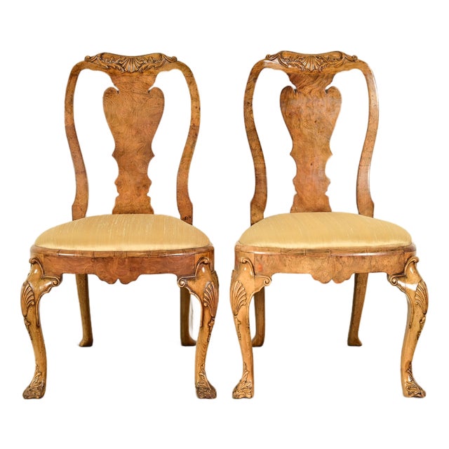 18th Century Antique Thomas Chippendale Period Carved Burl Wood Side Chairs or Dining Chairs, Pair For Sale