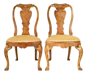 18th Century Antique Thomas Chippendale Period Carved Burl Wood Side Chairs or Dining Chairs, Pair