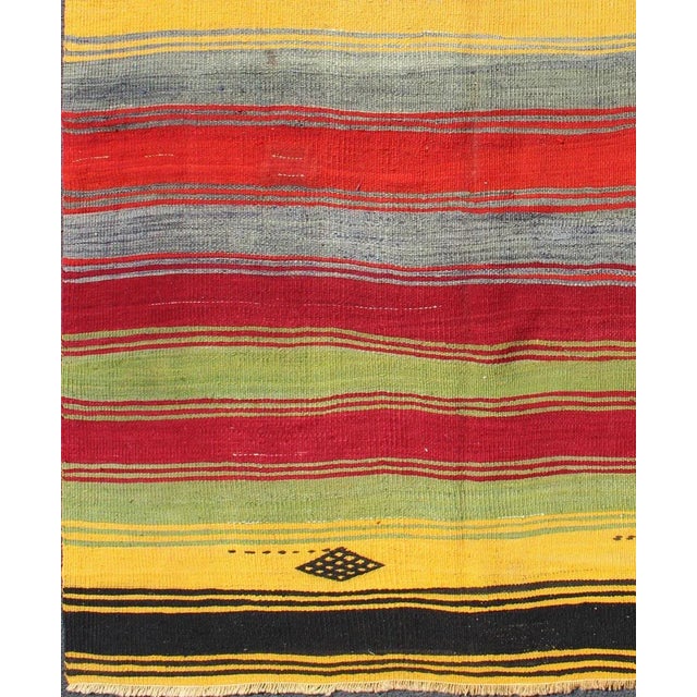 Tribal Colorful Vintage Turkish Kilim Rug With Subtle Tribal Shapes and Stripes Design For Sale - Image 3 of 13