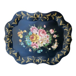 Large Vintage Mid-Century Hand Painted Floral & Black Tea Tray For Sale