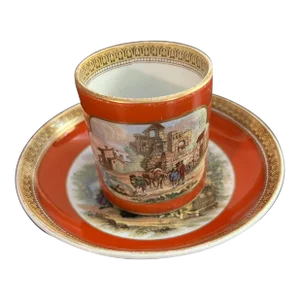 Antique Prattware Coffee Can With Saucer, English, Circa 1880's