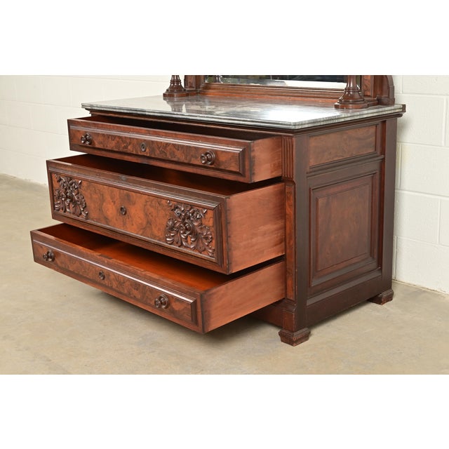 Bernheimer Collection Antique Monumental Eastlake Victorian Burled Walnut and Marble Top Vanity or Dressing Table With Mirror, Circa 1880s For Sale In South Bend - Image 6 of 18