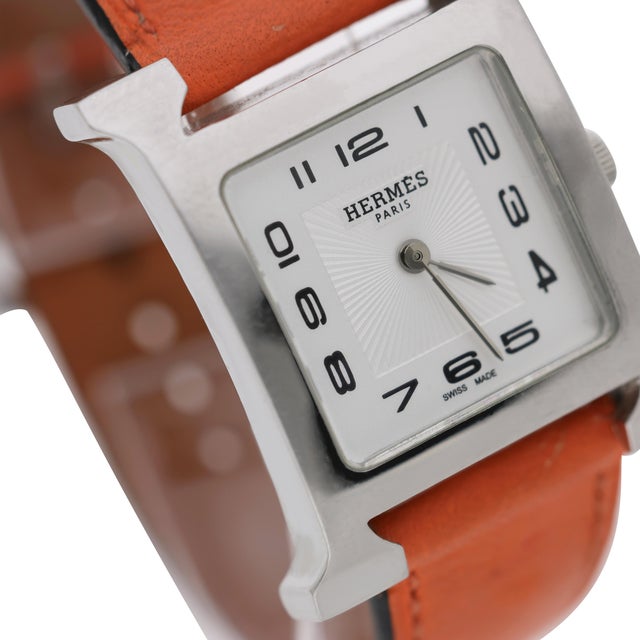 2000 - 2009 Vintage Hermes Heure H 30mm Steel White Dial Orange Swift Strap Quartz Watch For Sale - Image 5 of 7