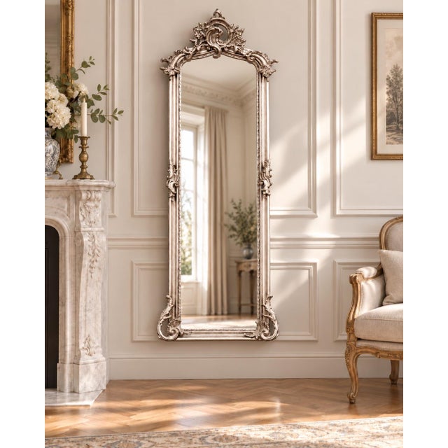 1980 European Artisan Baroque Silver Wood Floor Mirror For Sale - Image 17 of 18