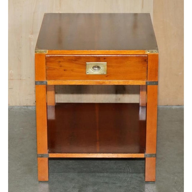 Military Campaign Style Yew Wood Side Table with Drawer For Sale - Image 3 of 17